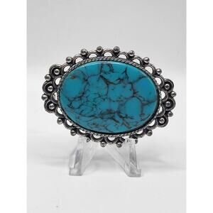 Mid Century Bobley Signed  Turquoise Glass Cabochon Brooch Southwestern Style